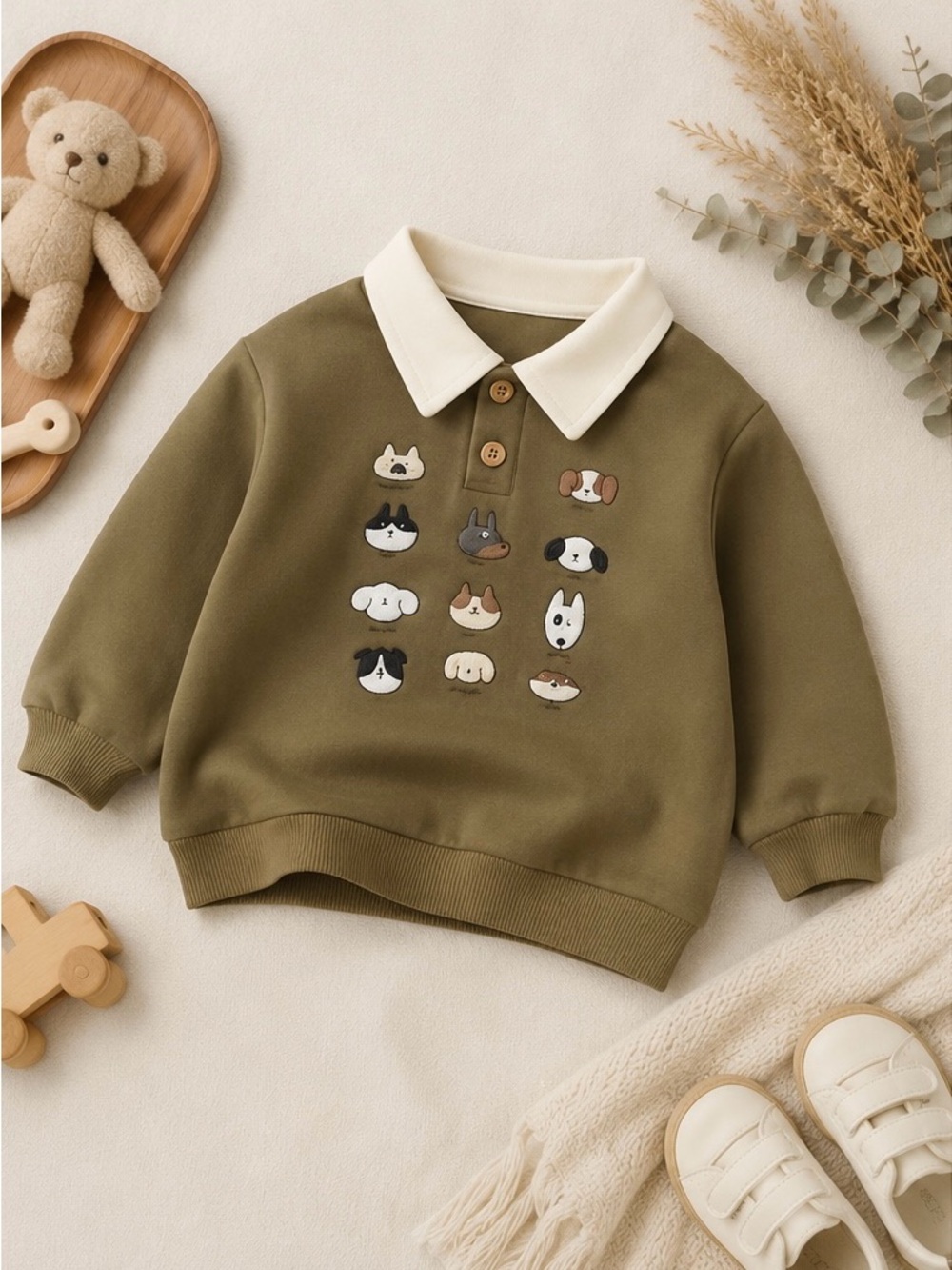 NWT!!! Kids Animal Print Collared Sweatshirt – Olive Green Sizes 18M-5T (90-130)